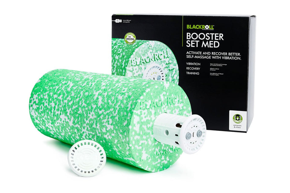 Masažo rinkinys Blackroll Booster Med (vibracinis prietaisas + Blackroll Med volas)
