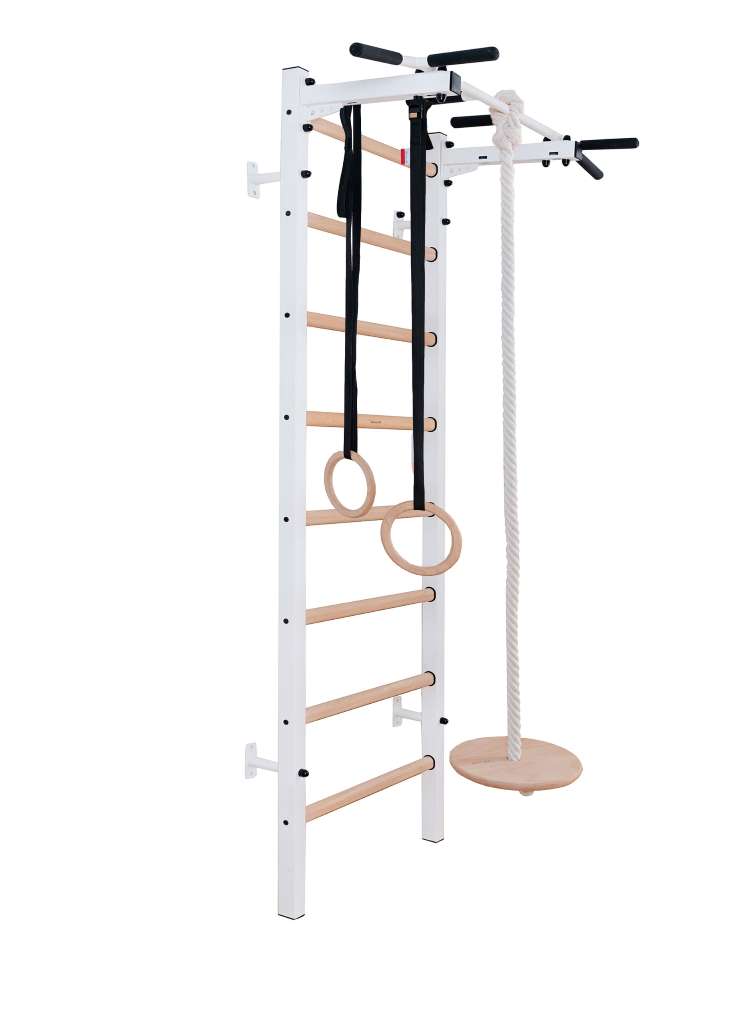 Gymnastics wall bar with metal pull-up bar and gymnastics accessory BenchK 221W (white)+A204