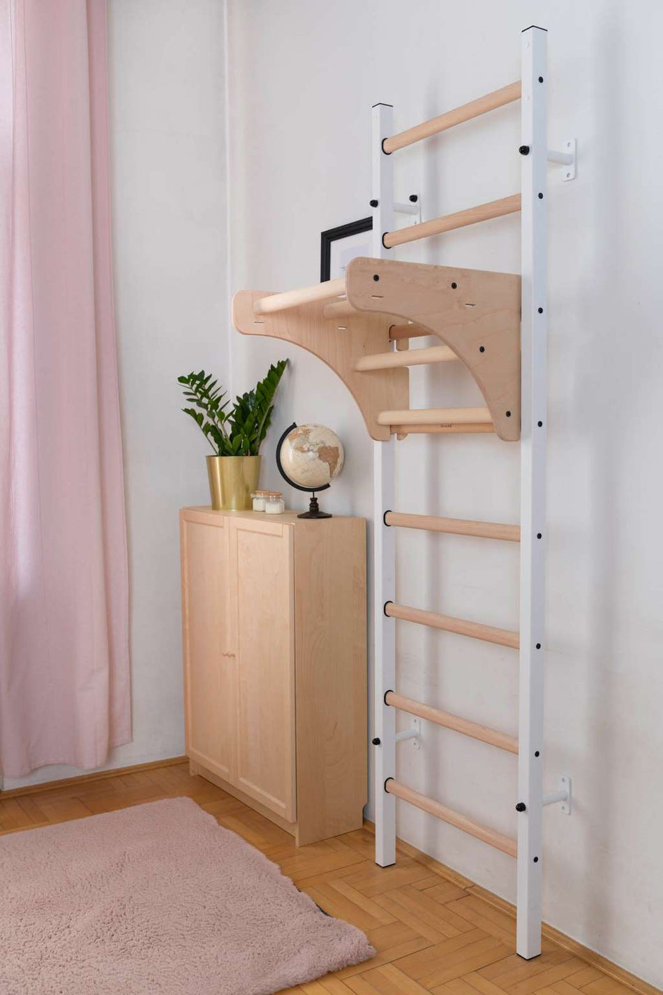 Multifunctional gymnastics wall bar with wooden pull-up bar BenchK 211W (white)