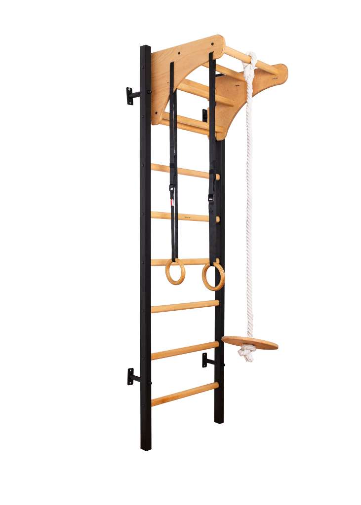 Gymnastics wall bar with wooden pull-up bar and gymnastics accessory BenchK 211B (black)+A076