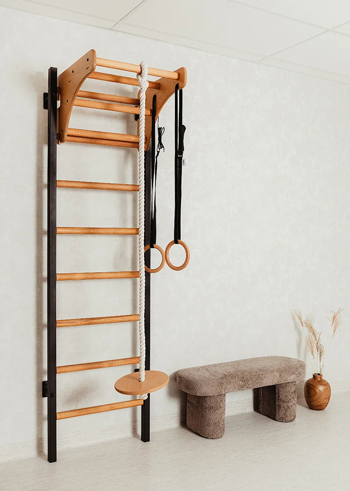 Gymnastics wall bar with wooden pull-up bar and gymnastics accessory BenchK 211B (black)+A076
