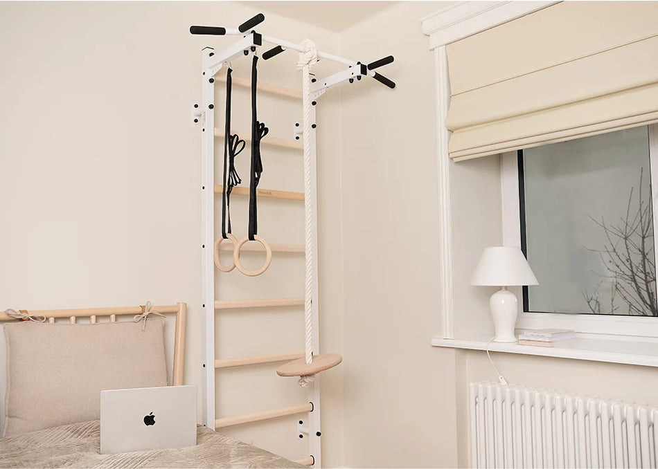 Gymnastics wall bar with metal pull-up bar and gymnastics accessory BenchK 221W (white)+A204